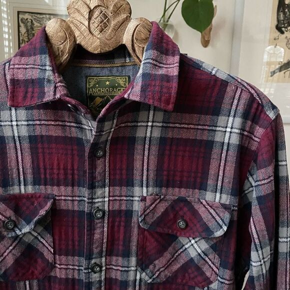 Anchorage Cotton Plaid Flannel Button Up Shirt Burgundy Blue M L - Picture 2 of 6